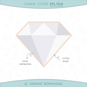 May include: A diamond-shaped cookie cutter design with the text "COOKIE CUTTER STL FILE" at the top. The image includes the words "ICING INSPIRATION" and "CUTTER SHAPE" with arrows pointing to the diamond. The words "INSTANT DOWNLOAD" are at the bottom.