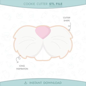 May include: A cookie cutter in the shape of a bunny face, with a pink nose and white fur. The image includes the text "COOKIE CUTTER STL FILE", "CUTTER SHAPE", "ICING INSPIRATION", and "INSTANT DOWNLOAD".
