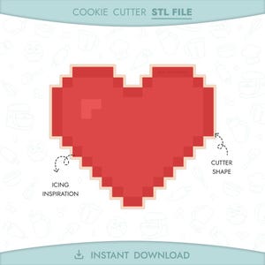 May include: A red pixelated heart cookie cutter design. The image includes the text "COOKIE CUTTER STL FILE" and "INSTANT DOWNLOAD". The design is labeled with "ICING INSPIRATION" and "CUTTER SHAPE".