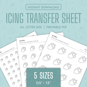 Pode incluir: Várias folhas de transferência de glacê branco com desenhos de bolotas, disponíveis nos tamanhos A4 e Carta. As folhas são rotuladas como "Acorn Royal Icing Transfer Template" e vêm em 5 tamanhos, de 1,27 cm a 3,81 cm.