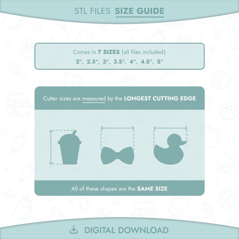 This set includes 7 STL files (ready to 3D print) in different sizes:
✔ 2" STL File
✔ 2.5" STL File
✔ 3" STL File
✔ 3.5" STL File
✔ 4" STL File
✔ 4.5" STL File
✔ 5" STL File
SIZES are measured by the longest cutting edge.