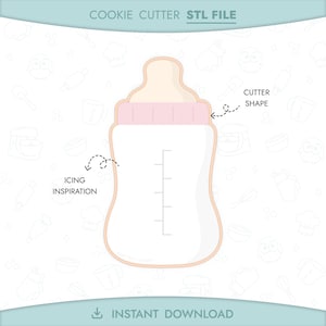Könnte beinhalten: STL-Datei für einen Ausstecher in Form einer Babyflasche. Das Design zeigt einen hellrosa Sauger und Verschluss, eine weiße Flasche mit Messlinien und einen hellpfirsichfarbenen Umriss. Text enthält "Cookie Cutter STL File", "Icing Inspiration".