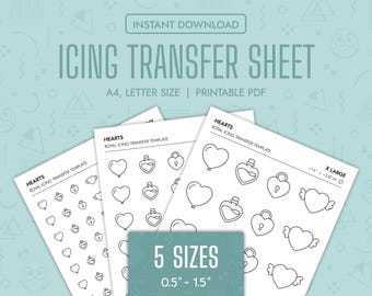 May include: Five printable sheets of heart-shaped royal icing transfer templates in various sizes, ranging from 0.5 inches to 1.5 inches, and an extra-large sheet with hearts measuring 1.5 inches to 3.81 centimeters. The sheets are labeled "Hearts" and "Royal Icing Transfer Template".