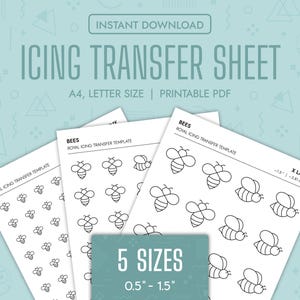 May include: Five printable sheets of bee-shaped royal icing transfer templates in various sizes, ranging from 0.5 inches to 1.5 inches. The sheets are labeled "Bees Royal Icing Transfer Template" and include an "X Large" sheet with bees measuring 1.5 inches.