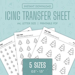 Puede incluir: Hojas de transferencia de glaseado imprimibles con diseños de pinos en cinco tamaños, de 1,3 cm a 3,8 cm. Las hojas son de tamaño A4, tamaño carta, y están disponibles para descarga instantánea.
