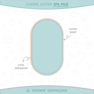 May include: A light blue oval cookie cutter design with a light brown border. The text "COOKIE CUTTER STL FILE" is at the top. The words "CUTTER SHAPE" and "ICING INSPIRATION" are also present. The bottom of the image says "INSTANT DOWNLOAD".