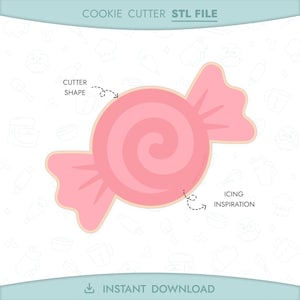 May include: A pink candy-shaped cookie cutter STL file. The design features a round candy with a spiral center and wrapped ends. The text "Cookie Cutter STL File" and "Instant Download" are visible.