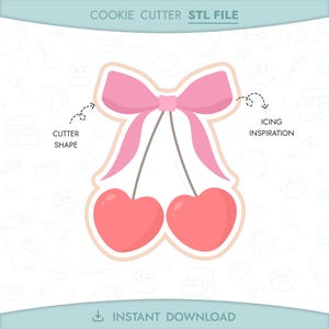 チェリークッキーカッターSTLファイル3Dプリント可能なバレンタインデークッキーカッターハートチェリーリボンラブインスタントデジタルダウンロード