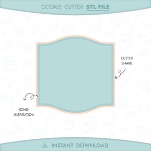 May include: A light blue cookie cutter shape with a peach border, labeled "Cookie Cutter STL File." The image includes the text "Icing Inspiration" and "Cutter Shape." The words "Instant Download" are also present.