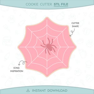 May include: A pink spiderweb-shaped cookie cutter with a spider in the center. The text "COOKIE CUTTER STL FILE" is at the top, and "INSTANT DOWNLOAD" is at the bottom. The design is for baking and decorating.