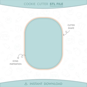 Könnte beinhalten: Eine digitale Datei für einen Ausstechform in ovaler Form mit abgerundeten Ecken. Das Bild enthält den Text COOKIE CUTTER STL FILE oben und INSTANT DOWNLOAD unten. Pfeile zeigen auf die Form des Ausstechers und die Inspiration für den Zuckerguss.