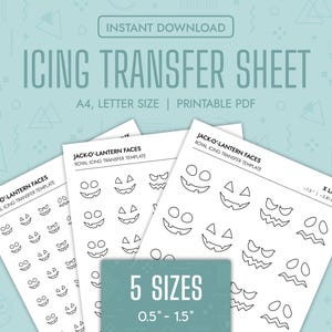 May include: Icing transfer sheets featuring Jack-o'-Lantern faces in five sizes, ranging from 1.27 cm to 3.81 cm. The sheets are A4 and letter size, with the text "Instant Download" and "Printable PDF".