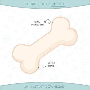 May include: A bone-shaped cookie cutter STL file, with the text "Cookie Cutter STL File" at the top. The design is light peach with a darker peach outline. The words "Icing Inspiration" and "Cutter Shape" are also present.