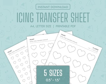 May include: Five printable sheets with different sizes of heart shapes for royal icing transfer templates. The sizes range from 0.5 inches to 1.5 inches. The sheets are labeled "Heart Royal Icing Transfer Template".