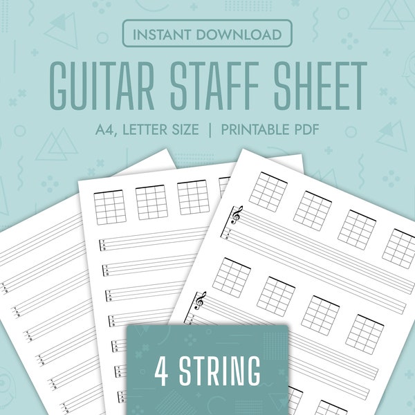 Guitar Staff Sheet Blank 4 String Guitar Music Sheet Printable Guitar Tablature Paper Bass Guitar Chord Chart Template Ukulele TAB Chord PDF