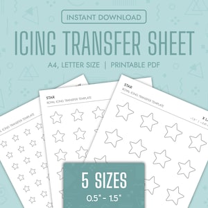 May include: Printable PDF icing transfer sheets for royal icing featuring five different star sizes, from 0.5 inches to 1.5 inches, and an extra large size. The sheets are labeled "STAR ROYAL ICING TRANSFER TEMPLATE".