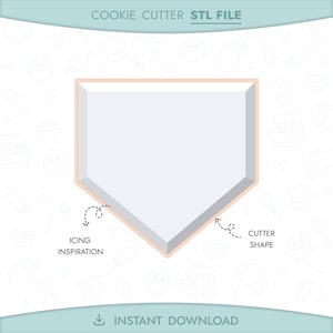 May include: A white home plate-shaped cookie cutter design with a light peach border. The image includes the text "COOKIE CUTTER STL FILE", "ICING INSPIRATION", "CUTTER SHAPE", and "INSTANT DOWNLOAD". The background features a pattern of cooking-related icons.