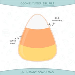 May include: A candy corn-shaped cookie cutter design in white, orange, and yellow. The image includes the text "Cookie Cutter STL File", "Cutter Shape", "Icing Inspiration", and "Instant Download".