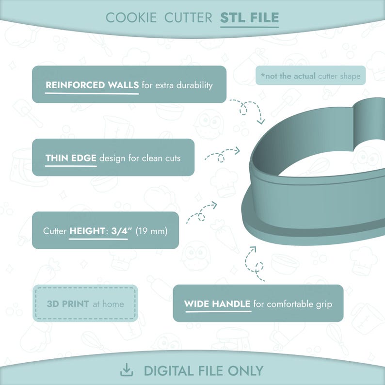 Cutters are designed for easy 3D printing and effortless use:
- Reinforced walls for extra durability
- Thin Edge Design for Clean Cuts
- Ergonomic handle with a widened base for a comfortable grip
- Cutter Height: 3/4” (19 mm)