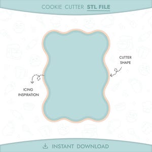 May include: A light blue cookie cutter with a wavy edge, outlined in a peach color. The text "COOKIE CUTTER STL FILE" is at the top, and "ICING INSPIRATION" and "CUTTER SHAPE" are labeled with arrows. The words "INSTANT DOWNLOAD" are at the bottom.