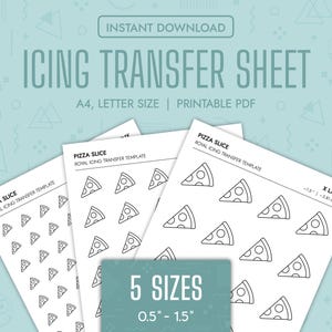 Könnte beinhalten: Druckbare PDF-Blätter mit fünf verschiedenen Größen von Pizzastück-Umrissen für den Royal-Icing-Transfer. Die Größen reichen von 0,5 Zoll bis 1,5 Zoll. Die Blätter sind mit "Pizza Slice" und "Royal Icing Transfer Template" beschriftet.