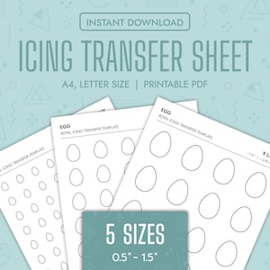 May include: Printable PDF sheets with five different sizes of egg shapes for royal icing transfer. The sizes range from 0.5 inches to 1.5 inches. The sheets are labeled "Egg Royal Icing Transfer Template" and "X Large - 1.5" - 3.81 cm".