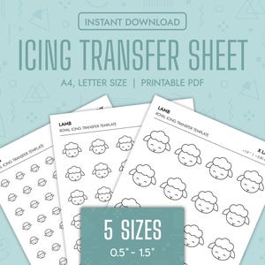 May include: Printable PDF sheets with five different sizes of lamb outlines for royal icing transfer. The sizes range from 0.5 inches to 1.5 inches. The sheets are labeled "LAMB ROYAL ICING TRANSFER TEMPLATE".
