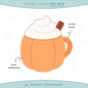 Könnte beinhalten: Ein digitales Ausstecher-Design in Form eines Pumpkin Spice Latte. Das Design zeigt eine orangefarbene Tasse mit weißer Schlagsahne und einem Zimtstange. Der Text "Cookie Cutter STL File" und "Instant Download" sind sichtbar.