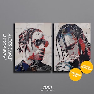 Puede incluir: Un conjunto doble de impresiones de arte digital con retratos de ASAP Rocky y Travis Scott. Los retratos están hechos de recortes de periódicos estilo collage en rojo, negro, blanco y azul.