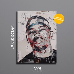 Puede incluir: Un retrato en técnica mixta de Frank Ocean, con un collage de papel de periódico y acentos rojos. La obra de arte tiene el texto "FRANK OCEAN" y "2001 ART PRINTS". Un círculo amarillo con "DESCARGA DIGITAL" está en la parte superior derecha.