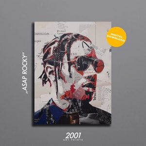 May include: A digital download of a collage art print featuring a portrait of ASAP Rocky. The portrait is made of various pieces of paper and magazine clippings, creating a textured and layered effect. The background is white with black text.