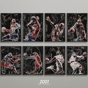 May include: A set of eight framed art prints featuring a collage style design of basketball players in action. The prints are black and white with red and blue accents. The prints are all the same size and are arranged in a grid pattern.