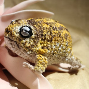 Könnte beinhalten: Ein gehäkeltes Froschspielzeug mit einem gelb-braunen, gefleckten Körper und einem einzigen schwarzen Auge. Der Frosch sitzt auf einer rosa Blume.
