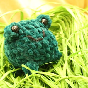 Könnte beinhalten: Ein grünes gehäkeltes Frosch-Plüschtier mit schwarzen Augen. Der Frosch sitzt in einem Bett aus grünem Gras.