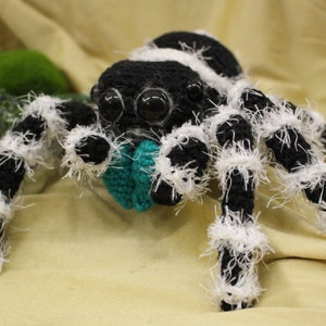 Puede incluir: Una araña de crochet negra y blanca con detalles de pelo blanco, sosteniendo un objeto de crochet turquesa. La araña tiene ojos grandes y negros.