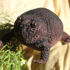 Peut inclure: Une grenouille en crochet marron avec de grands yeux noirs. La grenouille est assise sur une surface en tissu beige.