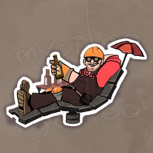 May include: A cartoon illustration of a character from the video game Team Fortress 2, the Engineer, relaxing in a chair with a beer in hand. He is wearing a red shirt, blue overalls, and a hard hat. He has a relaxed expression on his face and is holding a beer bottle in his right hand. The chair is made of stone and has a red umbrella attached to it.