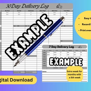 30 Day Delivery Log for Uber, Doordash, Grubhub and more
