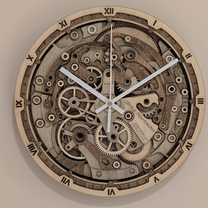 May include: Wooden wall clock with a detailed gear mechanism design. The clock face features Roman numerals and white hands. The clock's intricate design showcases various gears and mechanical components, creating a unique decorative piece.