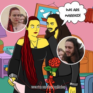 Custom yellow couple portrait, Cartoon Portrait Yellow family Portrait yellow portrait Gift Birthday Gift Couple gift cartoon poster