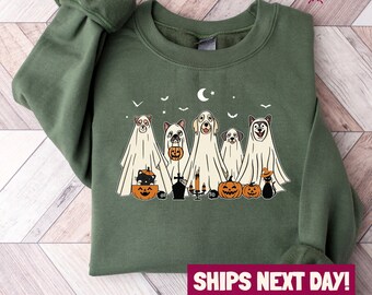 Retro Halloween Dog Sweatshirt, Ghost Dog Shirt, Halloween Crewneck Sweater, 2023 Happy Halloween, Spooky Season Tee, Ghost Sweatshirt