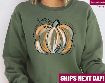Fall Pumpkin Crewneck Sweatshirt, Retro Thanksgiving Shirt, Women Fall T-Shirt, Halloween Sweater, Watercolor Pumpkin Thanksgiving Shirts