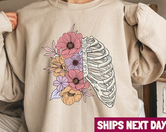 Floral Skeleton Sweatshirt, Bloom Skull Shirt, Halloween Crewneck, Floral Skull Boho Graphic Tee, Womens Fall Shirt, Skeleton Blooms