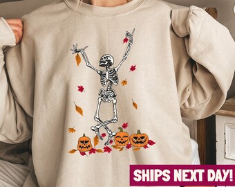 Dancing Skeleton Sweatshirt, Halloween Pumpkin Shirt, Pumpkin Skeleton Sweater, Fall Crewneck, Halloween Party Tee, Spooky Season T-shirt