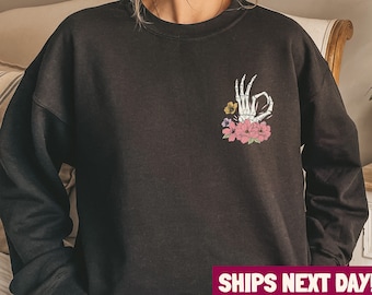 Skeleton Floral Hand Shirt, Retro Skeleton Sweatshirt, Trendy Floral Skull Tee, Skeleton Hand Crewneck, Spooky Sweater