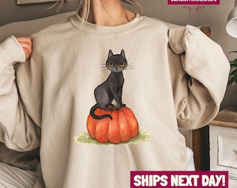 Pumpkin and Black Cat Sweatshirt, Vintage Halloween Unisex Shirt, Pumpkin Halloween, Pumpkin and Black Cat Tee, Halloween Party Sweater