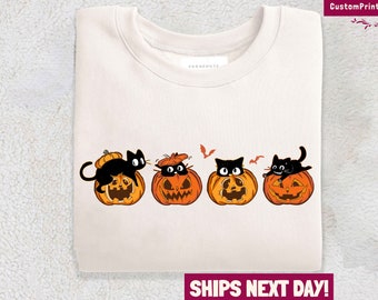 Retro Halloween Crewneck Sweatshirt, Cat and Pumpkin Shirt, Cute Halloween Tee, Pumpkin and Black Cat Sweater, Womens Fall Shirt