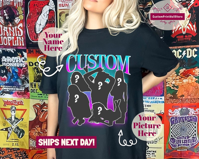 May include: Black t-shirt featuring a graphic of five silhouettes of people with question marks on their heads. The text "CUSTOM" is above the silhouettes in a gradient of blue, purple, and pink. The text "Your Name Here" is in a white circle on the left side of the shirt. The text "Your Picture Here" is in a green circle on the right side of the shirt. The text "SHIPS NEXT DAY!" is at the bottom of the shirt.