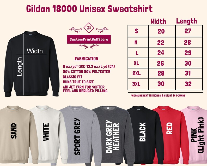 May include: A size chart for Gildan 18000 Unisex Sweatshirts, showing width and length measurements in inches for sizes S through 3XL. The chart also includes the fabric composition: 50% cotton and 50% polyester. The sweatshirt is available in 10 colours: Sand, White, Sport Grey, Dark Grey Heather, Black, Red, Pink, Light Pink.