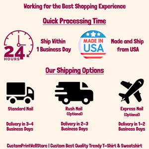 May include: Illustration of a clock with the number 24 and the word "HOURS" below it. Text reads "Working for the Best Shopping Experience" and "Quick Processing Time".  Text also reads "Ship Within 1 Business Day". A red, white, and blue circle with the text "MADE IN USA" is shown. Text reads "Made and Ship from USA".  Text reads "Our Shipping Options".  Three icons are shown: a lorry with the text "Standard Mail" and "Delivery in 3-4 Business Days", a lorry with a speed line with the text "Rush Mail (Optional)" and "Delivery in 2-3 Business Days", and an aeroplane with the text "Express Mail (Optional)" and "Delivery in 1-2 Business Days". Text reads "CustomPrintWellStore | Custom Best Quality Trendy T-Shirt & Sweatshirt".